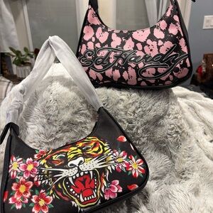 Ed Hardy Black Shoulder Bag with Floral Tiger Design